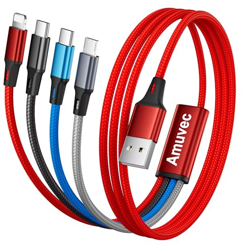 Amuvec 3A Multi USB Ladekabel 4 in 1, Universal Schnellladekabel 1.2M Nylon | Mehrfach anschlüsse (2*Typ C/iP/Micro). Handy zubehör für iP 17 16, Samsung Galaxy, Tablets, PS5, Switch, Powerbank, Auto.