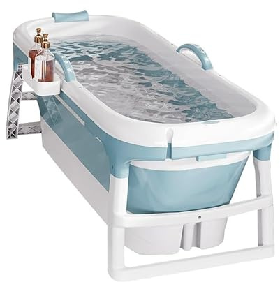 Baignoire pliable pour adultes XXL,118 * 60 * 53cm,Baignoire mobile avec coussins et et rouleaux de massage,Idéale petite salle de bains, douche et balcon,Panier à savon (bleu)