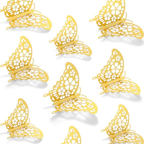 24uds Pegatinas de Mariposas para Pared, Adornos de Mariposas 3D Pegatinas Removibles Colores Vivos en 3 Tamaños Diferentes para Decoraciones Fiestas Cumpleaños (Color Dorado, Estilo 2)