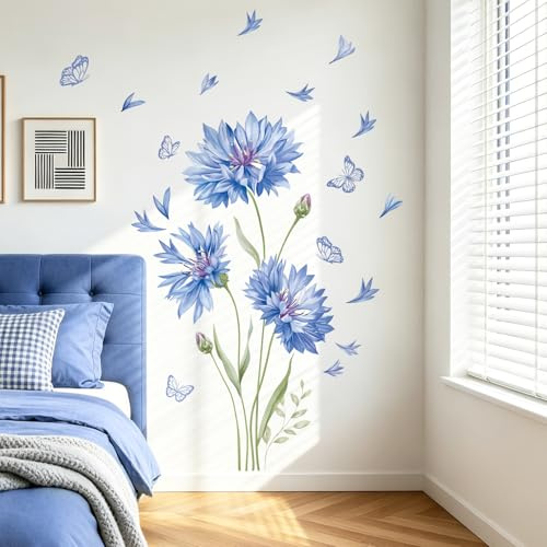 SHUCHING Grands Stickers Muraux Fleurs Bleues | Autocollant Mural Fleur de Bleuet, Décoration Murale pour Chambre Salon Cuisine Porte Meuble