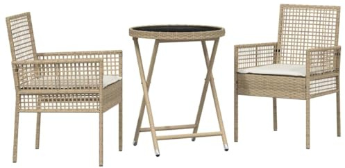KKgypkn Set di 3 mobili da giardino in polyrattan beige, set da bistrò, 3 pezzi, tavolo da bistrò con vetro di sicurezza