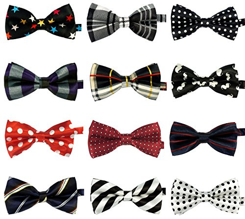 LilMents 12 Pack Boys Mixed Designs Adjustable Pre Tied Bow Necktie Tie Set (Set A)