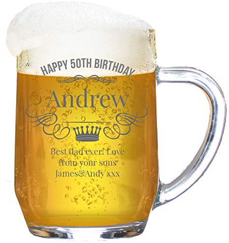 Personalised Birthday Tankard Glass Stein Engraved 1 Pint Beer Tanker Men Handle Wreath Crown Gift Box 590 ml