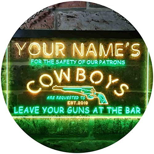 ADVPRO Personalized Your Name Est Year Theme Cowboys Gun Bar Man Cave Dual Color LED Barlicht Neonlicht Lichtwerbung Neon Sign Grün & Gelb 300 x 210mm st6s32-qg1-tm-gy