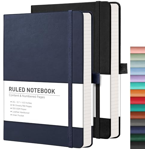 RETTACY Notizblock, A5, liniert, Leder-Tagebuch mit 376 nummerierten linierten Seiten, Hardcover-Notizbuch, 2 Haftnotizen, 8 perforierte Blätter, Stiftschlaufe, Innentasche, 14,5 x 21 cm | Leder-Hardcover, 100 g/m² dickes Papier, für Männer und Frauen, Schreiben, Arbeit (Schwarz und Marineblau), 2 Stück