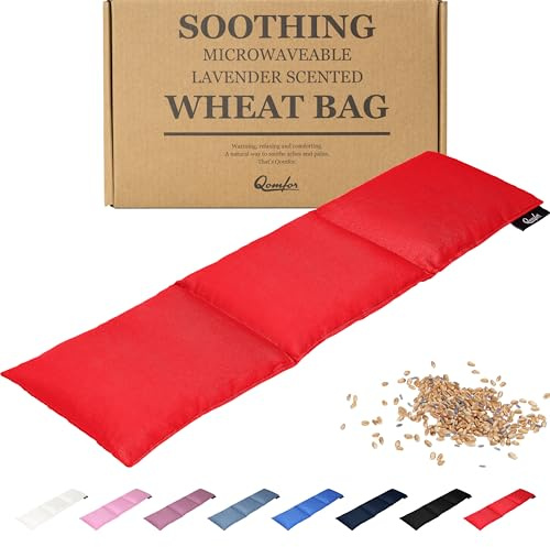 Qomfor - Bolsa de semillas calentable en microondas - Roja - Bolsa de trigo para microondas con aroma a lavanda/Almohada calentadora - Bolsa calentadora de 3 cámaras para el cuello y los hombros