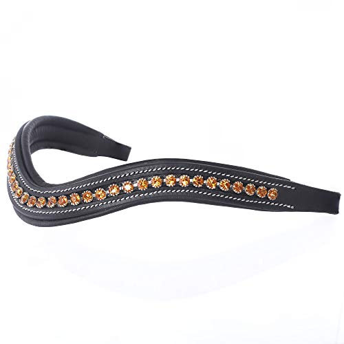 ExionPro gebogenes, gepolstertes Topas-Bling-Kristall-Stirnband aus Leder für Pferdezaumzeug | Diamant-Bling Englisches Dressur-Stirnband | Größe – Full, Cob, Over, Pony | Farbe - Braun, Schwarz