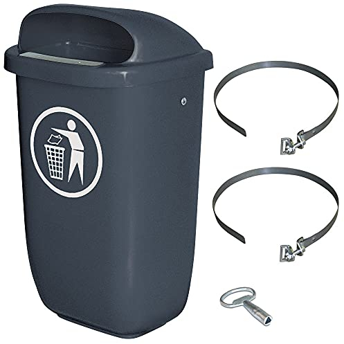 BRB Abfallbehälter für den Außenbereich, Inhalt 50 Liter, nach DIN 30713, im Komplettset mit Schellenband zur Pfahlbefestigung (anthrazit)
