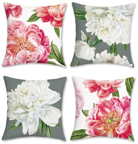 Bonhause 4er Set Kissenbezüge Blumen 45 x 45 cm Rosa Weiß Blume Pfingstrose Grau Dekorative Kissenhülle Zierkissenbezüge für Sofa Zuhause Terrasse Dekoration