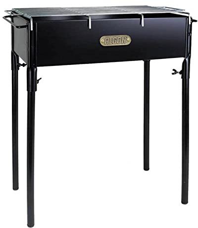 Algon | Barbacoa de Hierro Artesanal con Ruedas Parrilla Zincada Rectangular para Carbón y Leña | Barbacoa Ajustable en 5 Niveles Protector de Viento y Superficie Lateral de Madera (45x25 cm)