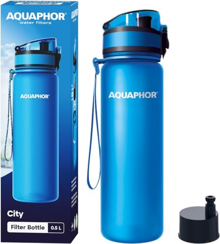 AQUAPHOR City Filterflasche 500ml Blau I Flasche mit Wasserfilter für unterwegs I Filter mit Aktivkohle I Filtert Chlor I Aus Tritan & BPA-frei I Für besseren Geschmack & Geruch des Wassers