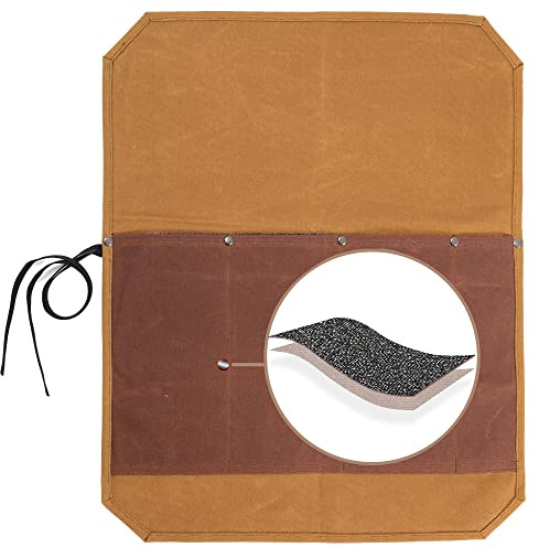 Rollo de cuchillos de chef | Portacuchillos profesional de tela anticorte, 4 ranuras para cuchillos con cuerda de corbata, bolsa de almacenamiento de cuchillos de lona encerada resistente de 16 onzas,