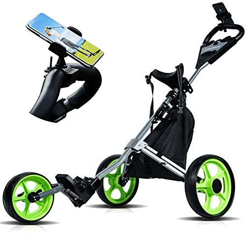 Lakehood Golf Push Cart, Golf Pull Cart for Golf Clubs and Golf Bag, Golf Push Carts Three Wheel Easy to Folding Scorecard Holder with Mobile Phone Holder Storage Bag Golf Carts (Green)