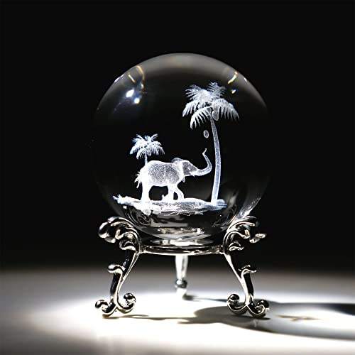 HDCRYSTALGIFTS Tropical Elephant Crystal Ball Paperweight with Stand 60mm 3D Laser Engraved Glass Spheres Decorative Balls Home Room Shelf Decor (Clear)