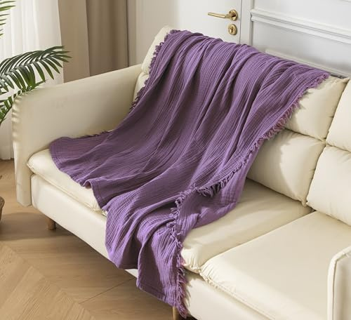 KyraHome Muslinfilt i 100 % ekologisk bomull, 152 x 203 cm, stor muslinfilt för soffan, förtvättad, växtfärgad, ventilerande, lätt bomullsmuslin, sommarfilt, filt för alla årstider (lavendel/lila)