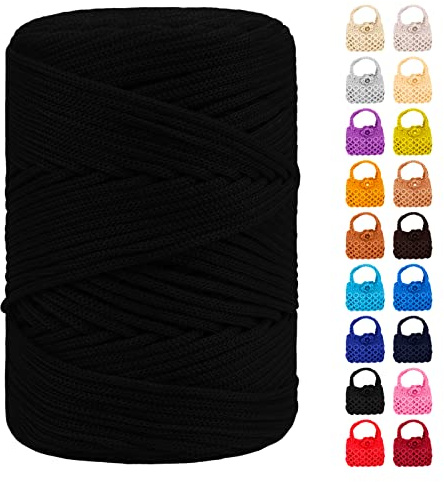 LEREATI Cordino per Borse Uncinetto, Corda Macrame 3mm x 170m Corda in Poliestere Filo Macrame, Macramè Filo Cordoncino per Borse a Uncinetto, Fai Da Te, Regalo per Maglieria (Nero)