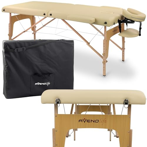HABYS Sofia Light Massageliege | Klappbar Holz 2 Zonen | Massagetisch mit Vollausstattung | 185 x 60 x 85 cm, bis 250 kg | Armlehnen, Kopfstütze, Tragetasche, MDR-Zertifiziert | Beige