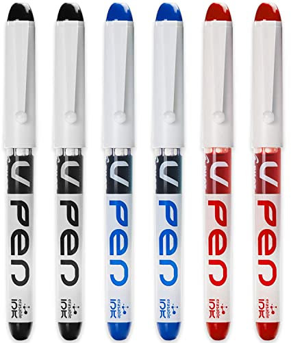PILOT V PEN - Erasable Disposable Fountain Pen - 0.6mm Nib Tip - Medium Line - Pack of 6 - Black, Blue & Red Ink