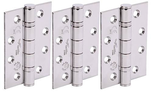 HANDLEZONE® Door Hinges 1.5 Pairs (3 Hinges) 102mm / 4 inch Ball Bearing, Grade 13 Fire Rated, CE13 FD30 FD60, with Screws - Polished Stainless Steel