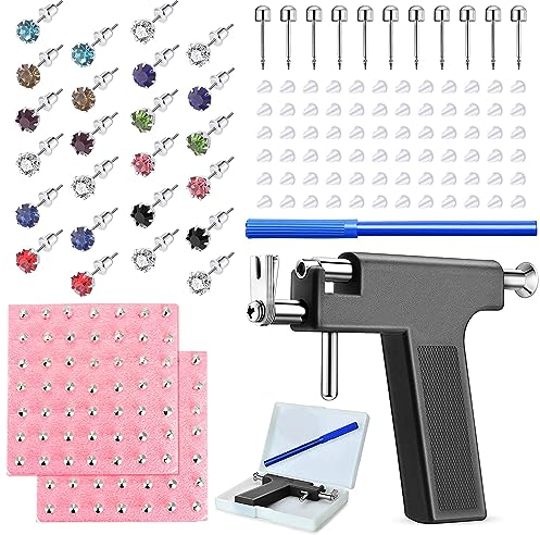 Longbeauty 224pcs Ohr Piercing Pistole Kit Edelstahl Körper Piercing Werkzeuge Studs Ohrringe Nase Lippe Nabel Piercing Maschine für Home Salon Piercing Nadeln, Schwarz