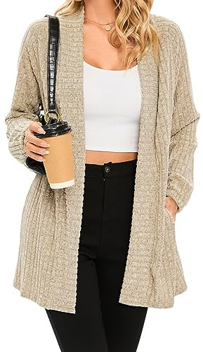 iChunhua Women's Casual Oversized Raglan Sleeve Ribbed Lightweight Long Open Front Cardigans Sweater Tops with Pockets