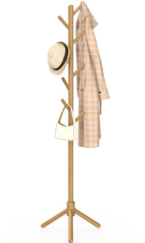 YheenLf Garderobenständer Holz, Kleiderständer Massivholz, Jackenständer für Kleidung, Hüte, Taschen, Eingang, Wohnzimmer, Schlafzimmer, 8 Haken, 3 Verstellbare Höhen, Holzfarben, 42x180cm