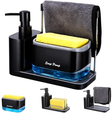 Zawaer Jabonera Cocina, Organizador de Fregadero Negro con Bandeja y Soporte para Esponja, detergente Recargable，Dispensadores de Bomba de jabón y Porta esponjas