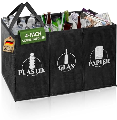 COTTARA® Sistema de separación de residuos de 3 compartimentos, plástico, vidrio, papel, soporte estable, 4 estabilizadores, perfecto como separador de basura, almacenamiento de botellas de depósito,