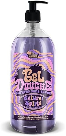 Gel Douche Surgras sans savon Natural Spirit Les Petits Bains de Provence - 1L, Parfum Patchouli, Série Limitée HAPPY, Sans Savon, pH Neutre, Enrichi en Glycérine Végétale