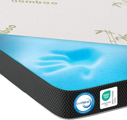 MKS.® Gel Topper 100 x 200 cm, H3 Topper con 7 cm de espuma viscoelástica de gel, confort, con flujo de aire 3D, viscoelástico con funda de bambú extraíble