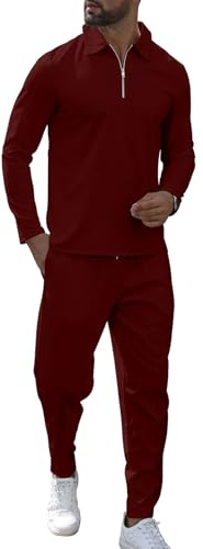 KUYIGO Tuta da uomo polo con cerniera a 1/4, 2 pezzi, a maniche lunghe, felpa e jogger, casual, top a nido d'ape, pantaloni sportivi, abbigliamento sportivo da golf, taglie S-XXL, Rosso vinaccia, L