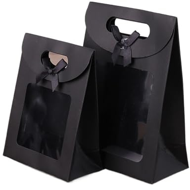 Papiertüten Mit Griffen 10 Stück schwarz/weiße Geschenktüten mit klarem Fenster, Kraftpapiertüte mit Griff, Süßigkeiten, Kekse, Kuchen, Verpackungsbox, Geschenktüte Papiertragetaschen(Black,14x7x21cm)