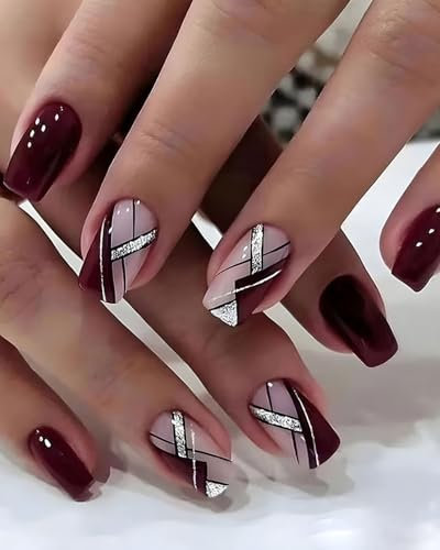 LOZTBUE 1 Set Acrylnägel, mittel, falsche Nägel, quadratische falsche Nägel, burgunderrot, zum Aufkleben, Design, Glitzernagelfaden, für Damen und Mädchen