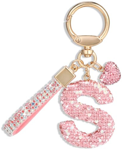 MWOOT Rose Voiture Porte clés Cadeau pour Femmes Filles Initial Lettre Porte-clés Mignon Bling Lettre Pendentif pour Sac à main Charms, Lettre S