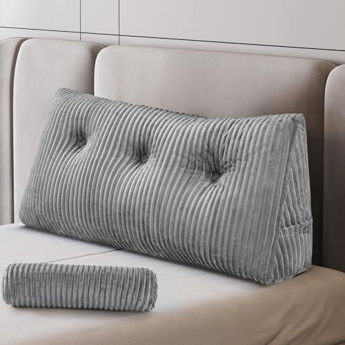 Z-hom Cojín para Libros, cuña, cojín de Lectura para Cama y sofá, cojín de Espalda, práctico Compartimento Lateral, Cubierta extraíble, con Almohada Redonda (Gris Claro, 100 * 50 * 20cm)