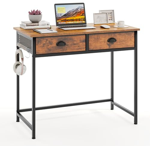 CASART Computer Desk with 2 Drawer, 90 x 45cm Home Office Desk with Metal Frame, Wooden Writing Desk Compact Study Table for Small Spaces (Rustic Brown + Black)
