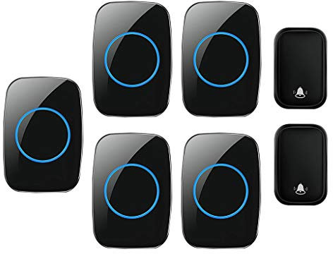 WOTZOV Timbre inalámbrico, Kit de Timbre inalámbrico para Puerta, 5 receptores, 2 pulsadores, 60 timbres, 5 Niveles de Volumen, Timbre de Entrada a Prueba de Agua, Color Blanco,Negro