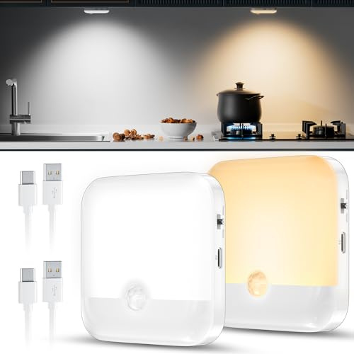 daphomeu Lot de 2 veilleuses rechargeables avec détecteur de mouvement, 2 couleurs de lumière + intensité variable, LED sans fil pour chambre à coucher, couloir, chambre d'enfant, armoires et cuisines