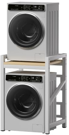 Meuble Machine à Laver Réglables, Meuble Machine à Laver et Seche Linge, Meuble de Rangement Machine a Laver en Acier et Bois Massif, Capacité de Charge 300kg, 73x63x105cm