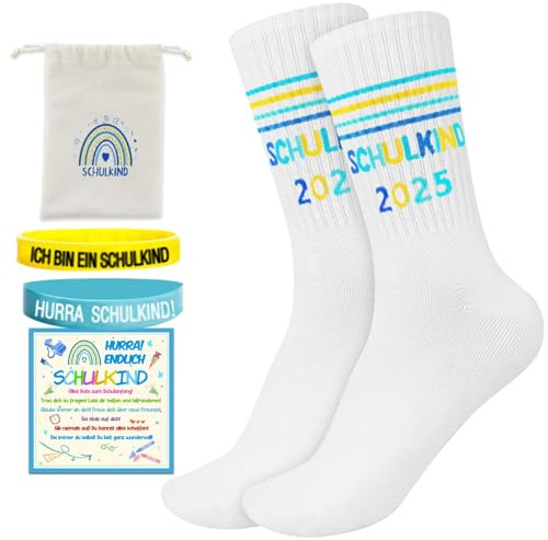HANGGON Socken Schulkind 2025 Junge Mädchen,Einschulung Geschenk Baumwolle Socken mit 2 Schulanfang Silikonarmbänder, Grußkarte, Tasche mit Kordelzug,Schultüte Füllung Schulanfang Geschenk