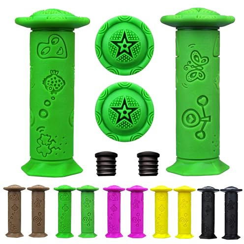 Kids Bike Grips 2PCS - Eco-Friendly TPE Handlebar Grips for Children's Bikes/Tricycles/Balance Bikes, Non-Slip Cartoon Design, 4.11 Short Grips (Ages 2-9) Green