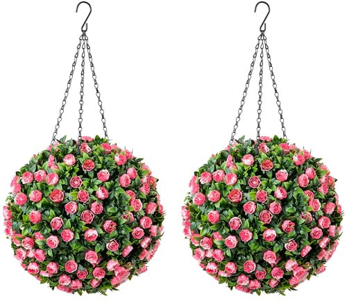 CHRISTOW Pair of Artificial Rose Topiary Balls, 28cm Faux Leaf Hanging Ornaments, Pink & White Flowers, Decorative Outdoor Garden Plants, Lifelike Foliage, UV Protected, Pre-Attached Chain with Hook