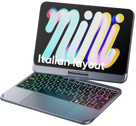 doqo Custodia tastiera per iPad mini 7/Mini 6 Generazione 2021/2024 8,3 pollici – con touchpad, retroilluminazione wireless 7 colori, 360° rotativa, custodia slim protettiva in folio (Grigio)
