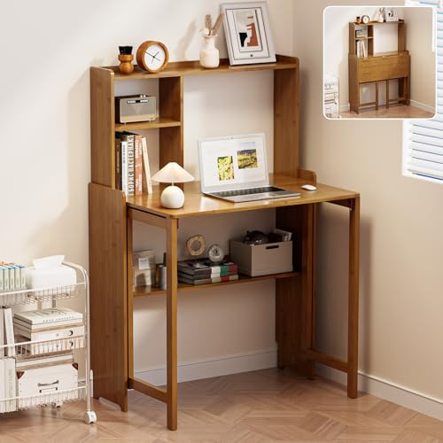 Dezyfurni Bamboo Folding Desk for Small Spaces with Storage, Mid Century Foldable Desk with Bookshelf, Small Desks with Storage for Home Office Bedroom, Brown