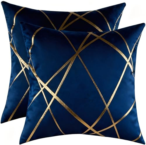 Miuyunya Luxury Velvet Cushion Covers 40 x 40 cm Sets of 2 Gold Striped Decorative Throw Pillow Covers Navy Blue Cushion Case Couch Pillowcases for Sofa Living Room Bedroom