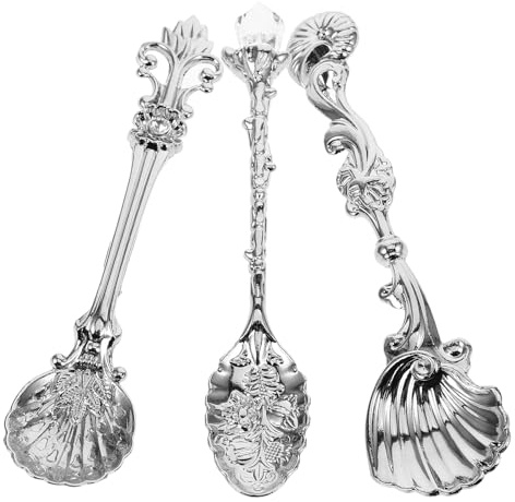 DEARMAMY Juego de Cucharas Europeas para Café y Postre Set de 3 Piezas de Metal Plateado Cucharillas Pequeñas para Té y Miel Utensilios Resistentes y Ligeros para Cocina y Aperitivos