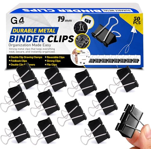 G4GADGET Binder Clips 19mm Black, 50 Pack Small Foldback/Bulldog Paper Clips, Strong Metal Binder Clip Set for Office School Home Filing & Organising