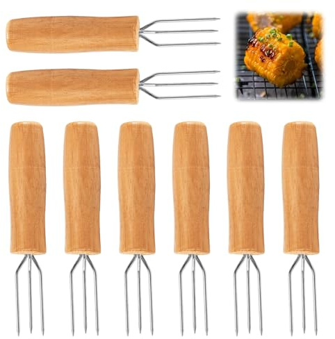 Tulov 8 stycken potatisgafflar med 3 pinnar, högkvalitativ pralingafflar, potatisgaffel av rostfritt stål, majsgaffel, handtag av bokträ för grönsaker, majskolv och grillmat – diskmaskinssäker