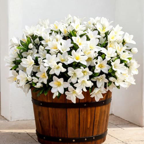 Rivvlive 6 Bundles Artificial Azalea Flowers Spring Outdoors Decoration UV Resistant Realistic Fake Silk Azalea Flower for Outside Planters Garden Porch Window Home Flowerpot Decoration (White)