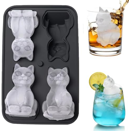Eiswürfelform Katze für Cocktail Whisky Bier Obst Wein Kaffee Milchtee | Eiswürfelbehälter Mit Deckel,Silikon Eis Würfel Formen,3D Katze Form Eiswürfel,Wiederverwendbar 4-Fach Eiswürfel Form,Schwarz